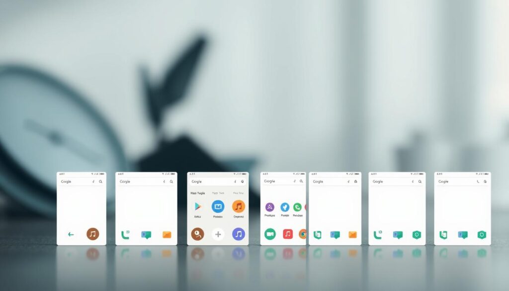 A sleek and minimalist Android launcher interface, showcasing a variety of customizable elements. In the foreground, a series of clean, icon-free home screen panels displaying various solid-color backgrounds and subtle gradient textures. In the middle ground, a dynamic set of app icons, seamlessly integrated into the overall design, featuring geometric shapes and muted hues. In the background, a sense of depth and dimension is created through the use of blurred, out-of-focus elements, allowing the customizable features to take center stage. The overall atmosphere is one of elegant simplicity, inviting the user to personalize their device to reflect their unique style and preferences.