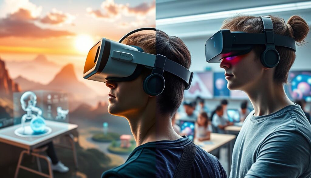 A split-screen visualization contrasting Virtual Reality (VR) and Augmented Reality (AR). In the foreground, a person wearing a VR headset is fully immersed in a digital world, with vibrant, fantastical landscapes surrounding them, showcasing a fully immersive educational experience. On the left side of the image, the person appears captivated by 3D holographic models and interactive simulations. The middle ground features subtle technological interfaces, like data streams and digital overlays, enhancing the sense of depth. In contrast, the right side depicts a different scene: a person using AR glasses, interacting with virtual objects in a real-world setting, surrounded by a classroom environment filled with students engaged in learning. Bright, dynamic lighting highlights the differences between the two technologies, invoking a sense of wonder and innovation.