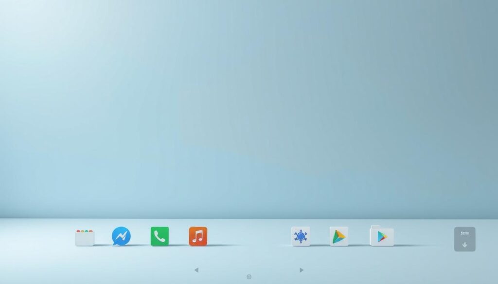 A tidy and organized Android home screen, with a clean and minimalist aesthetic. The background features a soft, muted gradient in calming shades of blue and grey, creating a serene and distraction-free environment. In the foreground, neatly arranged app icons and folders are positioned with precision, their shapes and colors complementing the overall design. Subtle lighting casts gentle shadows, adding depth and dimension to the composition. The overall impression is one of efficiency, order, and a sense of digital serenity - a workspace that encourages focus and productivity.