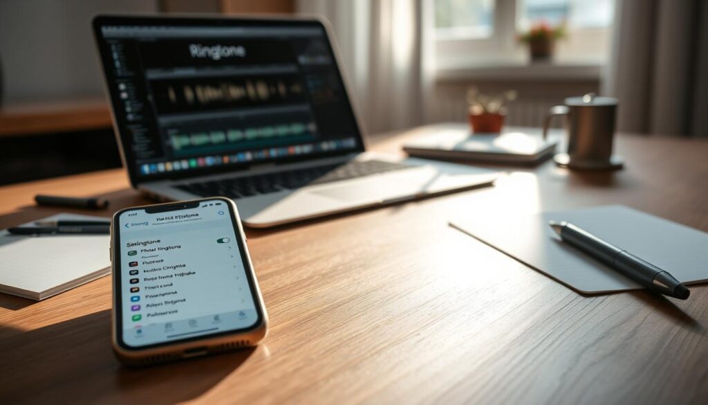 An elegant workspace featuring an iPhone on a sleek wooden desk, surrounded by notes and tools for ringtone customization. In the foreground, a close-up of the iPhone screen displays the settings app open, showcasing the ringtone options, with a vibrant interface. In the middle ground, a stylish laptop is partially visible, displaying music editing software. The background features a softly blurred window with natural sunlight streaming in, creating a warm and inviting atmosphere. The overall mood is focused and creative, emphasizing the role of iOS in personalizing the iPhone experience. Soft shadows are cast across the desk, and the image is taken at a slight angle to enhance depth, giving a professional yet cozy feel.