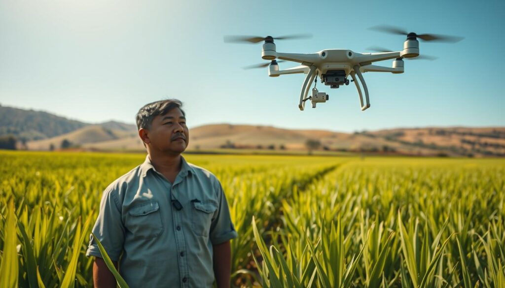 A bright, sunlit rice field in Indonesia, showcasing a modern agricultural drone hovering above as it prepares for precision irrigation. In the foreground, a farmer in modest casual clothing observes the drone with a look of interest, surrounded by lush green rice plants ready for spraying. In the middle ground, the drone is equipped with visible spray nozzles and sensors, reflecting advanced technology. The background features rolling hills and a clear blue sky, hinting at the rural landscape. The scene conveys a sense of innovation and progress in agriculture, with warm natural lighting highlighting the vibrant colors of the field. The angle of the shot is slightly elevated, capturing both the drone's functionality and the expansive area it covers.
