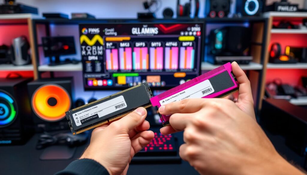 A close-up of a computer enthusiast’s hands skillfully examining two different RAM modules, specifically focusing on DDR5 and DDR4. The foreground features a sleek, modern desk setup with high-performance gaming gear, showcasing the RAM sticks in vibrant colors, with labels clearly visible. The middle ground includes a high-resolution gaming monitor displaying compatibility charts and capacity specifications. In the background, there are shelves filled with computer hardware and tech gadgets to create an immersive atmosphere. The lighting is bright, emphasizing the details of the RAM sticks, while a soft bokeh effect blurs the background slightly. The mood is analytical yet excited, reflecting the potential of choosing the right RAM for gaming just in time for 2024.