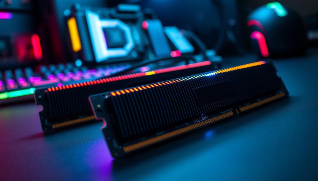 A close-up shot of DDR5 RAM modules arranged neatly on a sleek black surface. The foreground showcases the RAM sticks with intricate details, highlighting their metallic heatsinks and illuminated LED lights, emphasizing a modern technological aesthetic. The middle ground features a slightly blurred high-end gaming motherboard, hinting at compatibility with DDR5 technology. In the background, out-of-focus gaming peripherals like a mechanical keyboard and RGB-lit gaming mouse create an immersive atmosphere. The scene is illuminated with soft, cool lighting to evoke a futuristic vibe, shot from a low angle for dramatic effect. The overall mood is sleek and sophisticated, appealing to tech enthusiasts and gamers alike. No text, logos, or watermarks present.