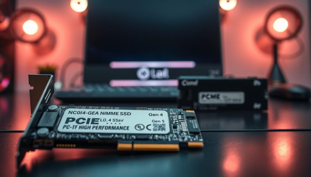 A close-up view of a PCIe 4.0 expansion card showcased prominently in the foreground, capturing its intricate circuitry and gold-plated pins glistening under bright, focused LED lighting. The middle ground features a sleek, high-performance NVMe SSD with a detailed label indicating its Gen 4 specifications, paired with a subtle hint of a Gen 5 SSD for contrast. In the background, a blurred depiction of a modern gaming setup creates an immersive atmosphere, with soft ambient lighting reflecting off a polished desk. The overall mood conveys a sense of advanced technology and innovation, highlighting the speed and efficiency differences between the two generations of SSDs. The image is sharp, taken from a dynamic angle to emphasize depth and dimensionality, with no text or watermarks present. A close-up view of a PCIe 4.0 expansion card showcased prominently in the foreground, capturing its intricate circuitry and gold-plated pins glistening under bright, focused LED lighting. The middle ground features a sleek, high-performance NVMe SSD with a detailed label indicating its Gen 4 specifications, paired with a subtle hint of a Gen 5 SSD for contrast. In the background, a blurred depiction of a modern gaming setup creates an immersive atmosphere, with soft ambient lighting reflecting off a polished desk. The overall mood conveys a sense of advanced technology and innovation, highlighting the speed and efficiency differences between the two generations of SSDs. The image is sharp, taken from a dynamic angle to emphasize depth and dimensionality, with no text or watermarks present.