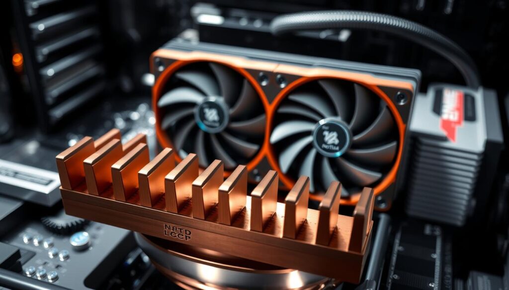 A close-up view of a high-performance cold plate design for the Noctua NH-D15 G2, showcasing its sleek, modern aesthetics. The foreground features the cold plate with eight heat pipes radiating from a smooth, polished copper base, reflecting the light in a metallic sheen. The middle ground displays two new LCP fans, intricately designed, with a refined blade structure enhancing airflow dynamics. In the background, gently blurred thermal interface materials and computer hardware components suggest a cooling system setup. The lighting is bright, highlighting the cold plate's features while casting soft shadows, and the angle captures the product’s detail and sophistication, evoking a sense of innovation and engineering excellence in cooling technology.