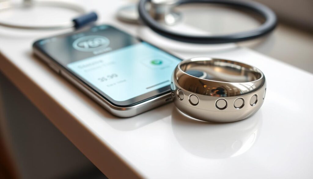 A close-up view of a sleek, modern smart ring designed for blood glucose monitoring, resting on a clean, white table. The ring features a smooth metallic surface with embedded sensors, reflecting soft natural light to emphasize its high-tech design. In the background, a blurred smartphone displays the companion app with glucose readings, hinting at a connected lifestyle. Include subtle hints of a clinical environment, like a stethoscope or medical instrument, out of focus to create context. The overall mood should convey innovation and trust in wearable health technology, with an emphasis on accuracy and FDA safety compliance. The angle is top-down, capturing detail on the ring while showcasing the smartphone subtly in the background.