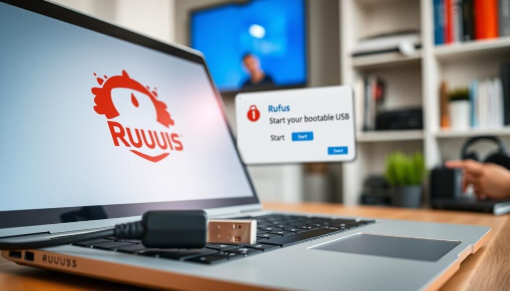 A close-up view of the Rufus USB application interface on a sleek laptop screen, set against a blurred office environment that suggests a professional atmosphere. The foreground features the Rufus logo prominently displayed, alongside a USB drive plugged into the laptop. In the middle ground, a hand is hovering over the mouse, poised to click on 'Start' within the Rufus window, indicating a step in creating a bootable USB. Soft, natural lighting illuminates the scene, creating a warm and inviting ambiance. The background is subtly out of focus, hinting at shelves of tech books and gadgets, enhancing the theme of technology and efficiency. The angle is slightly tilted to emphasize the laptop, inviting the viewer into the action of using Rufus for Windows 11 preparations.