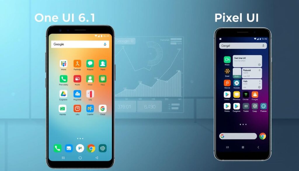 A detailed and informative digital illustration contrasting "One UI 6.1" with "Pixel UI," highlighting duplicate applications. In the foreground, display two smartphones side by side, one featuring the One UI 6.1 interface with multiple app duplicates visibly highlighted and the other showcasing a clean Pixel UI layout with minimal applications. The middle ground should have a soft-focus overlay of analytical graphs and charts representing data analysis of app usage, symbolizing productivity. In the background, use a subtle tech-inspired gradient that blends blue and grey tones, evoking a modern feel. Soft, even lighting enhances the tech ambiance, ideally shot from a slight overhead angle to provide a comprehensive view of both interfaces. The atmosphere should be professional and analytical, aiming to evoke a sense of clarity and precision in mobile technology evaluation.