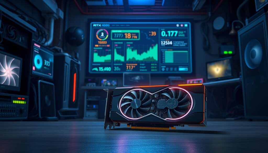 A detailed and visually striking illustration depicting the theme of "issue stabilitas" in graphics technology. In the foreground, a high-end RTX 4090 graphics card prominently displayed, showcasing its intricate circuitry and cooling system. The middle ground features a digital dashboard displaying performance metrics like frame rates, temperatures, and error codes, illuminated with vibrant neon blue and green lights. In the background, a dimly lit workspace filled with modern computers, cables, and mining rig setups. The overall mood is tense yet focused, representing the challenges of instability and troubleshooting in high-performance graphics. Soft, dramatic lighting casts shadows that emphasize the technical nature of the scene, with a slight lens blur to create depth.