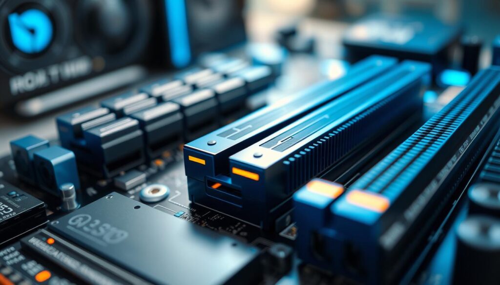 A detailed close-up of a high-tech motherboard showcasing PCIe 5.0 lanes with a vibrant blue and silver color scheme. The foreground features clear and highlighted PCIe slots arranged neatly, with intricate circuitry and cooling fins visible. In the middle ground, depict high-speed SSDs inserting into the slots, gleaming in the ambient light. The background should contain a blurred view of advanced gaming hardware, creating a sense of depth. Soft, diffused lighting enhances the mood, giving a sleek and futuristic feel. Use a shallow depth of field to focus on the PCIe lanes while gently blurring the surrounding components, creating a high-tech atmosphere suitable for an article on modern computer hardware.