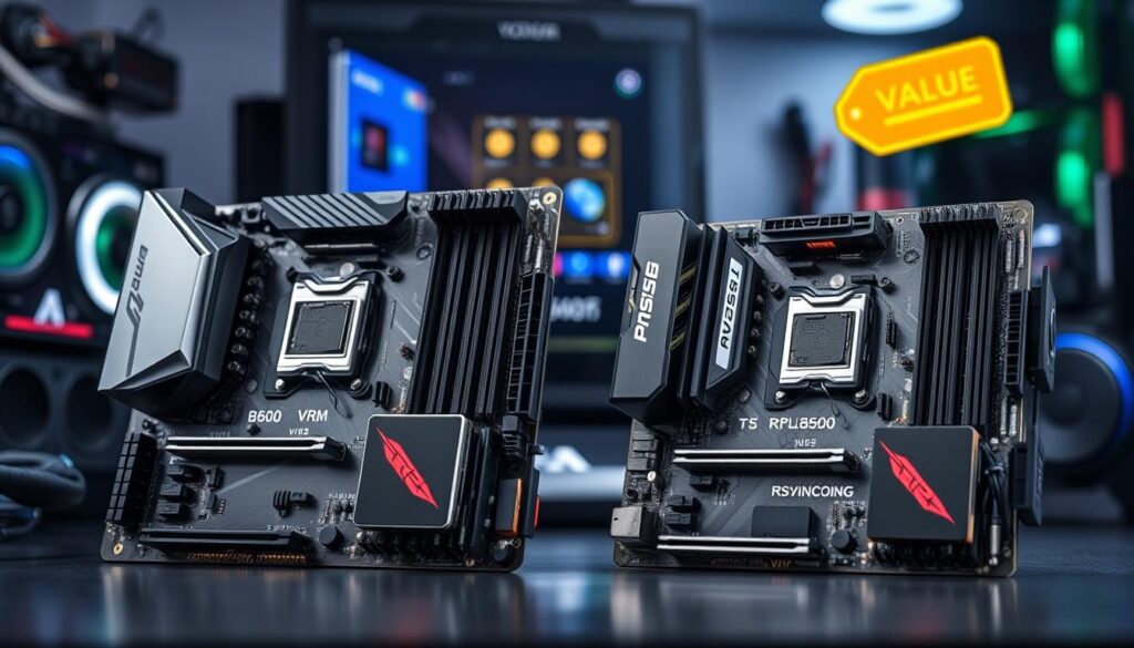 A detailed close-up shot of two contrasting motherboards, the B650 and X670, positioned prominently against a soft-focus technology-themed background. In the foreground, the motherboards are showcased with their VRM (Voltage Regulator Module) sections highlighted, reflecting the nuanced differences in design. One motherboard displays a modern, sleek design, while the other has a slightly bulkier appearance. The lighting is bright yet subtle, emphasizing the intricate details and components on the boards. The background features blurred computer components and accessories to evoke a tech-savvy atmosphere. Capture the essence of value and pricing in Indonesia by incorporating elements such as a price tag icon subtly placed in the backdrop, all while ensuring it remains professional and free of text overlays.