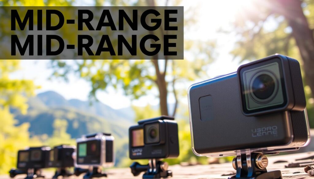 A detailed comparison of mid-range action cameras, showcasing one camera prominently in the foreground while displaying a selection of others in the middle ground. The main camera should be angled slightly to the right, with its premium features clearly visible, including a high-resolution lens and sporty design. The background should depict a vibrant outdoor adventure scene with lush greenery and mountains, emphasizing the utility of these cameras in adventure vlogging. The lighting is bright and natural, with sunlight filtering through trees, creating a dynamic and exciting atmosphere. The overall mood conveys a sense of adventure and exploration, perfect for showcasing the capabilities of mid-range action cameras. No text or branding is included.