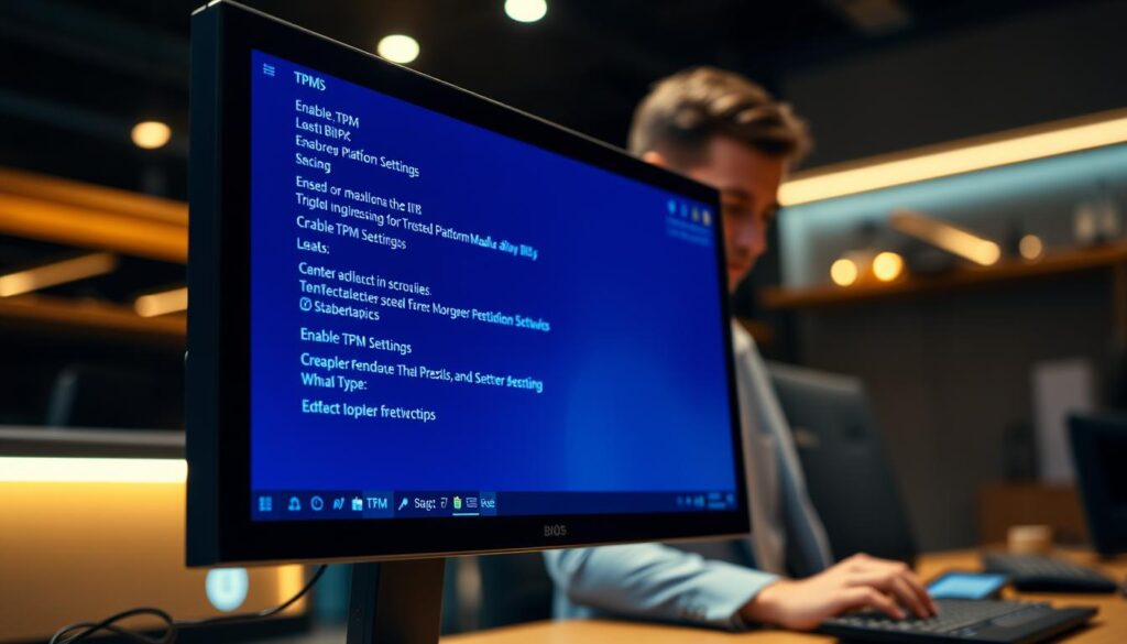 A detailed view of a modern computer BIOS interface, prominently showcasing the TPM (Trusted Platform Module) settings. In the foreground, a sleek monitor displays a high-resolution BIOS screen with vibrant colors, featuring options for enabling or managing TPM alongside clear icons. The middle layer includes a person dressed in professional business attire, focused on adjusting the settings, reflecting a sense of concentration and purpose. The background captures a dimly lit room with warm ambient lighting, enhancing the technological atmosphere. The angle is slightly tilted to emphasize the screen while maintaining clarity of the individual. The overall mood is one of exploration and empowerment in navigating hidden features of Windows 11.