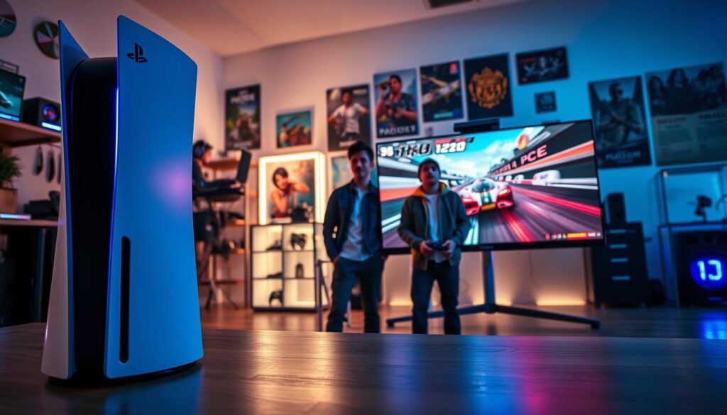 A dynamic scene showcasing the testing of PS5 Pro games, featuring a sleek, modern gaming setup in a well-lit room. The foreground displays a high-end PS5 Pro console with glowing LED lights, alongside a large 4K gaming monitor displaying vibrant visuals of a racing game in 120 fps. In the middle ground, a group of three gamers, dressed in casual but neat attire, are deeply focused on the screen, their expressions reflecting excitement and concentration. The background features gaming accessories, posters of popular video games, and ambient lighting that creates a thrilling atmosphere. The overall mood is energetic and immersive, with angle focusing on the console and screen, capturing the essence of next-gen gaming performance.