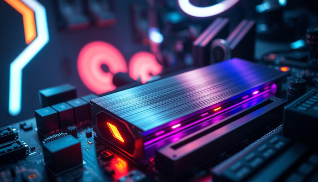 A futuristic, high-tech representation of a PCIe 5.0 slot on a motherboard, showcased prominently in the foreground. The slot is depicted with intricate, illuminated details such as metallic connectors and advanced circuitry. In the middle ground, include a sleek NVMe SSD, featuring a brushed aluminum design, partially inserted into the PCIe slot, with vibrant lights indicating its active status. The background is softly blurred, hinting at a modern gaming setup with dim ambient lighting, showcasing a subtle glow from various devices. The atmosphere is high-energy and tech-savvy, evoking a sense of innovation and speed, suitable for discussions of real-world performance in gaming and creative tasks. A dramatic angle captures the depth and complexity of the technology while maintaining focus on the PCIe 5.0 connection. A futuristic, high-tech representation of a PCIe 5.0 slot on a motherboard, showcased prominently in the foreground. The slot is depicted with intricate, illuminated details such as metallic connectors and advanced circuitry. In the middle ground, include a sleek NVMe SSD, featuring a brushed aluminum design, partially inserted into the PCIe slot, with vibrant lights indicating its active status. The background is softly blurred, hinting at a modern gaming setup with dim ambient lighting, showcasing a subtle glow from various devices. The atmosphere is high-energy and tech-savvy, evoking a sense of innovation and speed, suitable for discussions of real-world performance in gaming and creative tasks. A dramatic angle captures the depth and complexity of the technology while maintaining focus on the PCIe 5.0 connection.