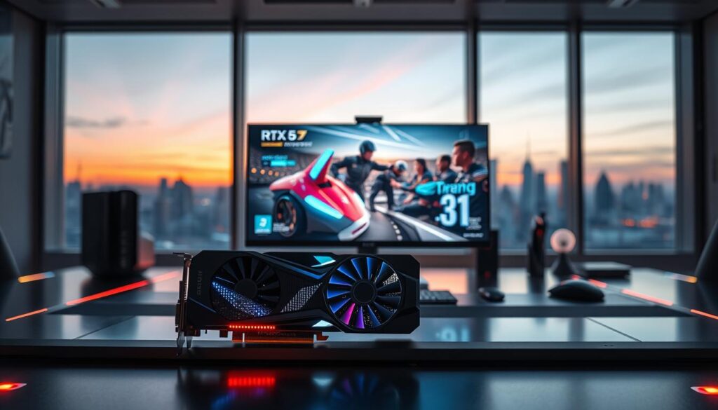 A futuristic workspace featuring the RTX 5090 graphics card prominently displayed on a sleek, high-tech desk. In the foreground, the card showcases its intricate design with glowing elements, emphasizing advanced AI capability. The middle layer includes a high-resolution monitor displaying stunning visuals, ideally with vibrant, creative graphics that reflect high refresh rates, surrounded by subtle lighting that adds a modern ambiance. In the background, a window reveals a city skyline at dusk, with a soft gradient of twilight colors. Use cinematic lighting to enhance the mood, creating a sense of innovation and potential in the realm of AI and creative displays. The scene exudes a professional yet inspiring atmosphere, inviting viewers to explore new technological horizons.