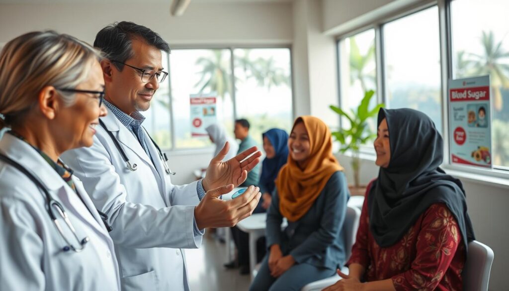 A health examination scene set in Indonesia, featuring a diverse group of individuals receiving diabetes screenings using an innovative smart ring device. In the foreground, a healthcare professional in a white coat is demonstrating the smart ring to an attentive patient, both smiling and engaged in conversation. The middle ground depicts a modern healthcare facility with examination tables, medical charts, and health posters promoting regular blood sugar checks. The background showcases a tropical landscape visible through large windows, hinting at Indonesia's environment. Soft, natural lighting floods the room, creating a warm, inviting atmosphere. A subtle depth-of-field effect draws focus on the interaction between the healthcare provider and the patient, emphasizing the importance of routine health checks amidst modern technology.