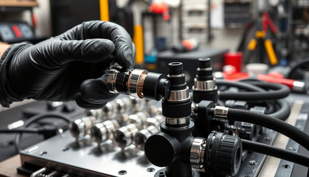 A high-detail image of a custom water cooling loop featuring several chrome and matte black fittings. In the foreground, a pair of hands, wearing black nitrile gloves, is gently inspecting and tightening a fitting, ensuring not to damage the O-ring. The middle ground showcases a neatly arranged assortment of tubing and cooling components, with reflections highlighting the metallic surfaces. The background includes a blurred workstation filled with tools and components for PC building, creating a professional ambiance. Soft, diffused lighting enhances the image, with a slightly elevated angle that captures the intricate details of the cooling loop design, evoking a sense of careful maintenance and precision in hardware assembly. The overall mood is technical yet approachable, appealing to enthusiasts and experts alike.