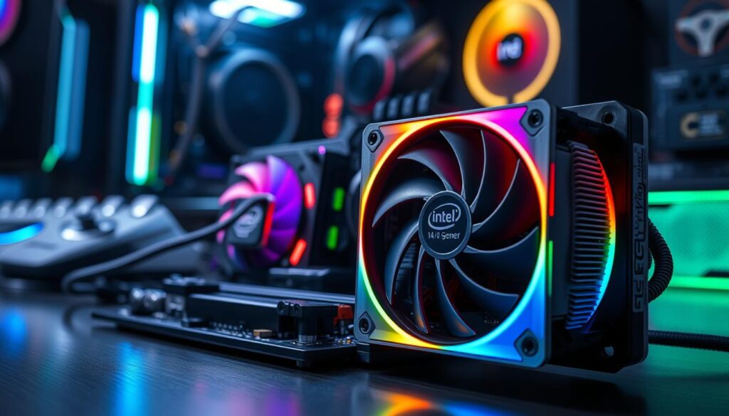 A high-performance Intel 14th generation CPU cooler prominently displayed in the foreground, showcasing sleek aluminum fins and a vibrant RGB lighting scheme. The cooler is shown in an angled perspective to emphasize its intricate design and optimal airflow technology. In the middle ground, a high-tech motherboard with an Intel CPU securely installed, surrounded by thermal paste and heat sinks, highlighting the overclocking potential. The background features a blurred workstation setup with gaming peripherals, creating a tech-savvy atmosphere. Bright, dynamic lighting casts reflections off the cooler, enhancing its modern aesthetic. The overall mood is energetic, symbolizing cutting-edge technology and the excitement of overclocking, making it evident that cooling solutions are essential for maintaining safe voltage and temperature levels.