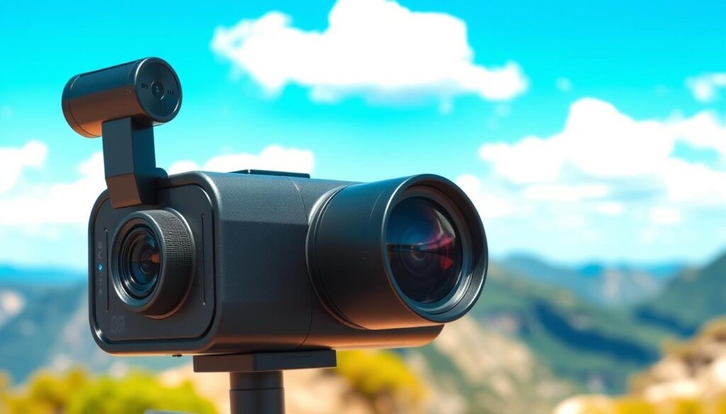 A high-tech 360-degree camera designed for immersive vlogging, prominently positioned in the foreground with a sleek and modern design, showcasing its dual lenses. The camera reflects a professional and adventurous vibe, with a matte black finish and subtle blue LED indicators. In the middle ground, capture a vibrant outdoor scene, perhaps a rugged landscape with mountains and lush greenery, ideal for adventure filming. The background features a bright, clear blue sky with fluffy white clouds, suggesting a sunny day perfect for vlogging. Soft, natural lighting enhances the scene, emphasizing the camera's details and casting gentle shadows. The overall mood conveys excitement, creativity, and the thrill of capturing life in 360 degrees, inspiring viewers to explore their adventurous side.