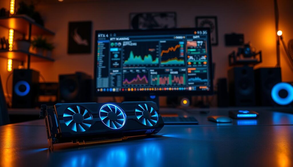 A high-tech graphics design featuring an RTX 4090 graphics card at the forefront, showcased on a sleek, modern workspace desk. The card is illuminated by a soft blue LED light, emphasizing its intricate circuitry. In the middle ground, a computer monitor displays real-time performance metrics related to GPU mining efficiency, with a dynamic digital interface showing graphs and statistics. The background includes a dimly lit room filled with high-end tech gadgets and ambient lighting that creates a sophisticated atmosphere. Incorporate a close-up, slightly angled view to provide depth, with a warm glow contrasting the cool colors of the RTX 4090, evoking a sense of innovation and power in the realm of mining optimization.
