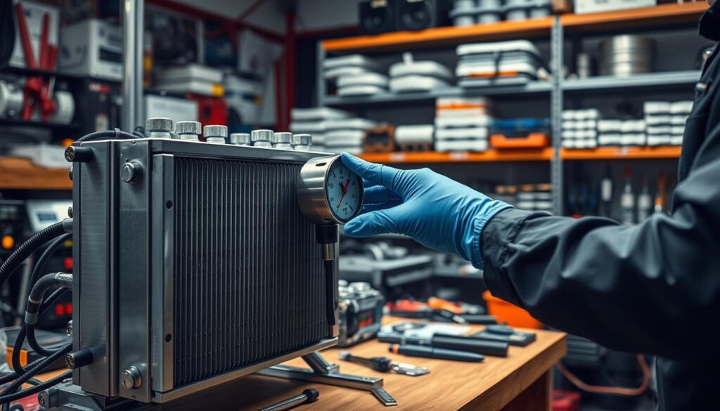 A high-tech service cooling system is prominently displayed in the foreground, showcasing intricate tubes and fittings connected to a sleek water reservoir. The system is sitting on a workbench cluttered with tools and spare parts, hinting at hands-on maintenance. In the middle ground, a gloved hand of a technician in a professional uniform inspects a coolant temperature gauge with focused concentration. Ambient lighting enhances the precision of the system, with soft shadows creating depth. In the background, shelves filled with cooling components and maintenance manuals create an organized yet busy atmosphere, suggesting an expert workspace. The overall mood is one of professionalism and technical expertise, illustrating the importance of expert assistance in maintaining advanced cooling setups.