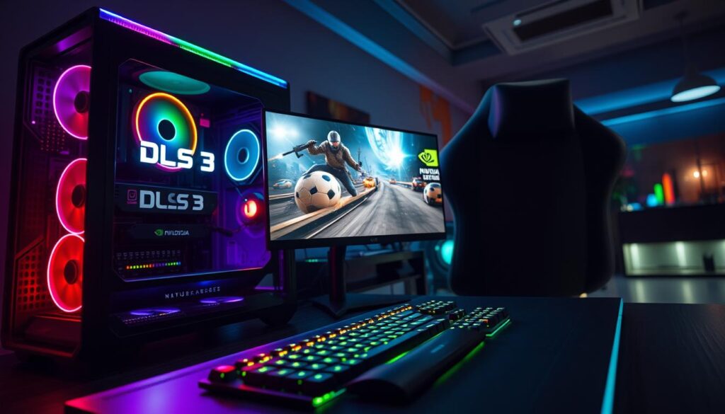 A highly detailed and futuristic computer setup featuring an ultra-modern gaming PC with colorful RGB lighting, showcasing the NVIDIA DLSS 3 logo prominently. In the foreground, a sleek monitor displays an action-packed game scene, with vibrant colors and sharp graphics, with an emphasis on fluid motion to illustrate the frame generation technology. The middle ground includes a comfortable gaming chair and a high-tech keyboard with glowing keys. In the background, a dimly lit room with ambient lighting, emphasizing a tech-savvy atmosphere. Use a wide-angle lens perspective to capture the entire scene, while ensuring the lighting highlights the intricate components of the gaming setup, creating a dynamic and engaging mood that reflects responsiveness and cutting-edge technology. A highly detailed and futuristic computer setup featuring an ultra-modern gaming PC with colorful RGB lighting, showcasing the NVIDIA DLSS 3 logo prominently. In the foreground, a sleek monitor displays an action-packed game scene, with vibrant colors and sharp graphics, with an emphasis on fluid motion to illustrate the frame generation technology. The middle ground includes a comfortable gaming chair and a high-tech keyboard with glowing keys. In the background, a dimly lit room with ambient lighting, emphasizing a tech-savvy atmosphere. Use a wide-angle lens perspective to capture the entire scene, while ensuring the lighting highlights the intricate components of the gaming setup, creating a dynamic and engaging mood that reflects responsiveness and cutting-edge technology.