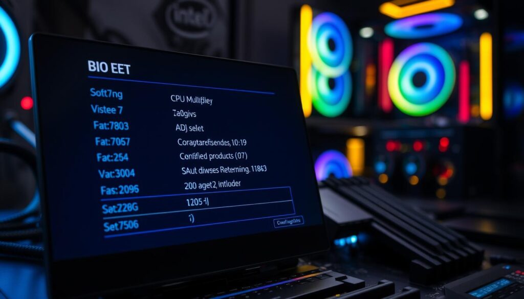 A highly detailed view of a BIOS settings screen for an Intel 14th generation CPU, showcasing various overclocking options. The foreground features a sharp focus on the BIOS user interface, displaying settings like CPU multiplier, voltage adjustments, and fan controls, illuminated by a soft blue backlight. The middle ground includes a sleek, modern motherboard with recognizable Intel components, seamlessly integrated into the scene. In the background, a blurred yet illuminated workspace with high-end computer gear and RGB lighting adds depth. The overall mood is technical and sophisticated, emphasizing a digital environment ideal for overclocking enthusiasts. The image is captured from a slight angle, highlighting the intricate details of the BIOS settings while maintaining a professional atmosphere.
