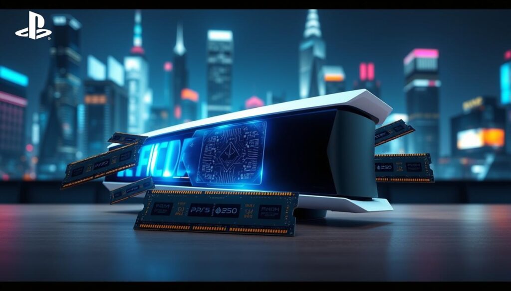 A highly detailed, visually striking digital rendering of the PS5 Pro console, showcasing its advanced specifications. In the foreground, the console is prominently displayed with sleek contours and futuristic design elements. The GPU is visible with intricate circuitry and a glowing aura, symbolizing its upgraded performance. Surrounding the console, high-speed RAM chips are illustrated in a dynamic layout, emphasizing their faster speeds for seamless gaming. The background features a blurred city skyline at night, with vibrant neon lights to evoke a modern, tech-savvy atmosphere. Use dramatic lighting from multiple angles to create depth, casting soft shadows that enhance the details. The mood should convey innovation and excitement in next-gen gaming technology.