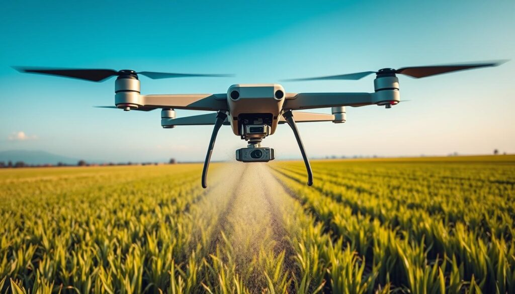 A modern agricultural drone efficiently spraying crops over a vast expanse of rice fields in Indonesia, capturing the essence of innovative farming technology. In the foreground, the drone is in action, with its rotors in motion and a fine mist of liquid fertilizer being released over the green paddies below. In the middle ground, rows of lush, vibrant rice plants stretch out towards the horizon, showcasing the scale of the agricultural landscape. In the background, a clear blue sky contrasts with the greenery, hinting at ideal weather conditions for farming. The scene is bathed in warm, natural sunlight, creating a sense of productivity and progress in agriculture. The mood is optimistic and dynamic, highlighting the efficiency and accessibility of agricultural drones for farmers.