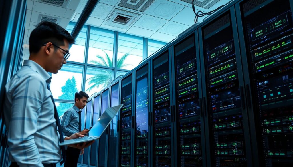 A modern data center in Indonesia, showcasing rows of sleek server racks with blinking lights and digital displays. In the foreground, a professional businessperson in smart attire is inspecting data on a laptop, emphasizing the human element in technology. The middle area features high-tech networking equipment and cooling systems, all bathed in soft blue and green ambient lighting that conveys a sense of advanced technology. In the background, large windows reveal a tropical Indonesian landscape with palm trees, hinting at the local environment. The perspective is slightly from below, capturing the towering server racks and creating a sense of awe. The overall atmosphere is one of efficiency, security, and technological innovation, ideal for illustrating the importance of local data centers for rapid data backup.