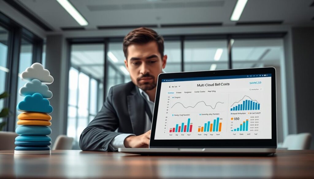 A modern digital workspace representing the concept of multi-cloud backup costs in a professional setting. In the foreground, display an open laptop with graphs and charts showcasing cloud storage costs and savings. To the left, a stacked representation of ten cloud icons in various colors, symbolizing different cloud services. In the middle, a business professional, dressed in smart casual attire, thoughtfully viewing the screen, their face illuminated by the soft glow of the laptop. The background features a sleek office environment with a large window allowing natural light to pour in, creating a bright and optimistic atmosphere. The angle is slightly tilted downwards to focus on the laptop and the professional's engaged expression, conveying the essence of efficient technology and financial awareness in cloud solutions.