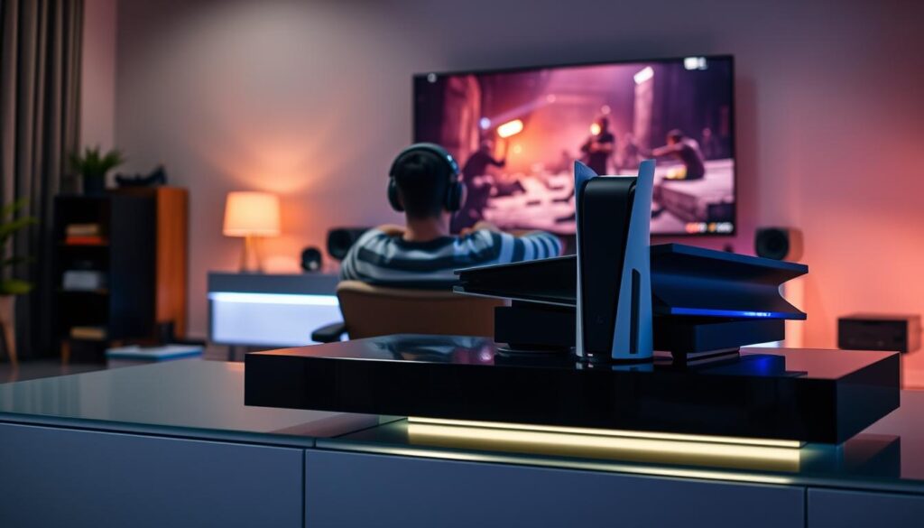 A modern gaming setup featuring a PlayStation 5 console prominently displayed on a sleek black media console. In the foreground, a user sits comfortably in a gaming chair, wearing headphones and focused intently on the console. The middle layer includes a high-quality soundbar and Dolby Atmos setup surrounding the user, with LED lighting enhancing the immersive atmosphere. The background shows a dimly lit room with a large flat-screen TV displaying an atmospheric gaming scene, creating a cozy yet dynamic mood. Emphasize vibrant colors and sharp details, capturing the excitement of the gaming experience. Use soft, ambient lighting to create a warm, inviting environment, and choose an angle that highlights the entire setup while keeping the focus on the console and sound equipment.