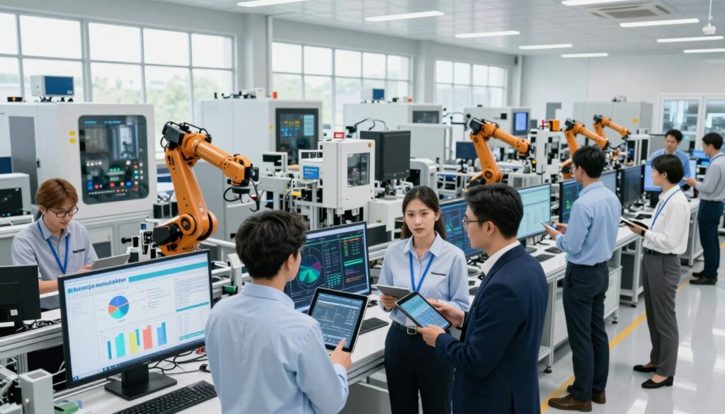 A modern manufacturing plant set in a clean, high-tech environment to illustrate the concept of "kinerja manufaktur" (manufacturing performance). In the foreground, a diverse group of professionals in smart business attire, including engineers and analysts, discuss data on tablet devices and screens displaying graphs and simulations. The middle ground features advanced machinery and assembly lines, showcasing the use of digital twins, robotics, and automation in production. The background shows large windows with natural light flooding in, creating a vibrant atmosphere. The color palette should be bright and optimistic, emphasizing productivity and innovation. Use a wide-angle lens effect to capture the scale of the facility, with a focus on collaboration and data-driven decision-making.