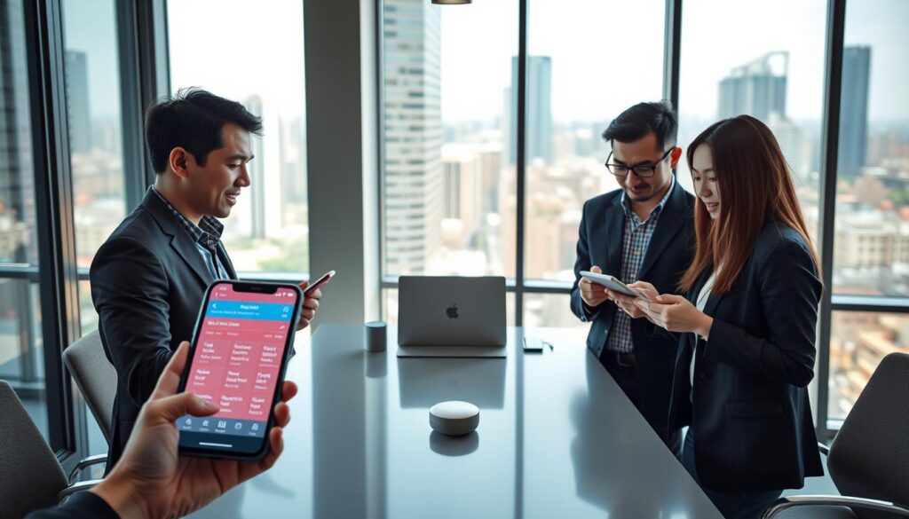 A modern office setting features a diverse group of three individuals—two men and one woman—dressed in smart casual attire, engaged in using voice search technology on their smartphones and a tablet. The foreground includes the devices displaying a colorful interface revealing various regional Indonesian languages. In the middle, a sleek, contemporary desk with a laptop and voice-activated smart assistant enhances the tech vibe. The background showcases large windows with a view of a bustling cityscape under bright daylight, casting soft shadows across the room. The atmosphere is energetic and innovative, capturing the essence of technological advancement in voice recognition for Indonesian dialects. The image should have a soft focus effect to emphasize the subjects while providing a lively yet professional environment.