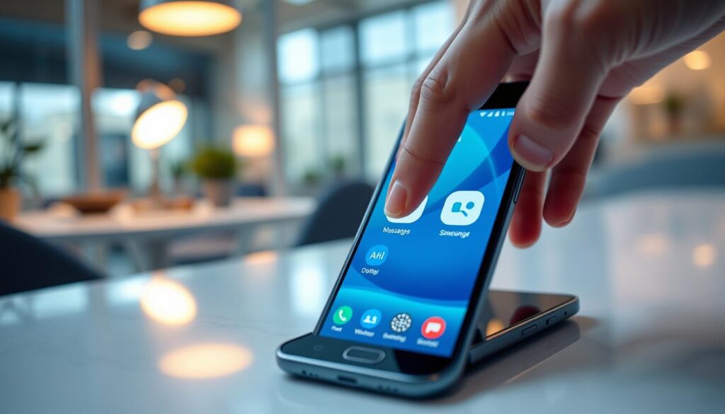 A modern smartphone screen displaying the Samsung Dual Messenger feature, showcasing two messaging app icons side by side. The foreground focuses on the vibrant, sleek user interface, highlighting the ease of accessing multiple accounts of the same app. In the middle ground, a stylish hand reaches towards the screen, tapping one of the icons, emphasizing interactivity. The background features a soft blur of a cozy, modern office environment, with warm lighting illuminating the scene, creating an inviting atmosphere. A subtle reflection of the smartphone can be seen on a polished desk, enhancing the focus on the device. The overall mood conveys innovation and functionality, perfect for illustrating the convenience of duplicating applications.