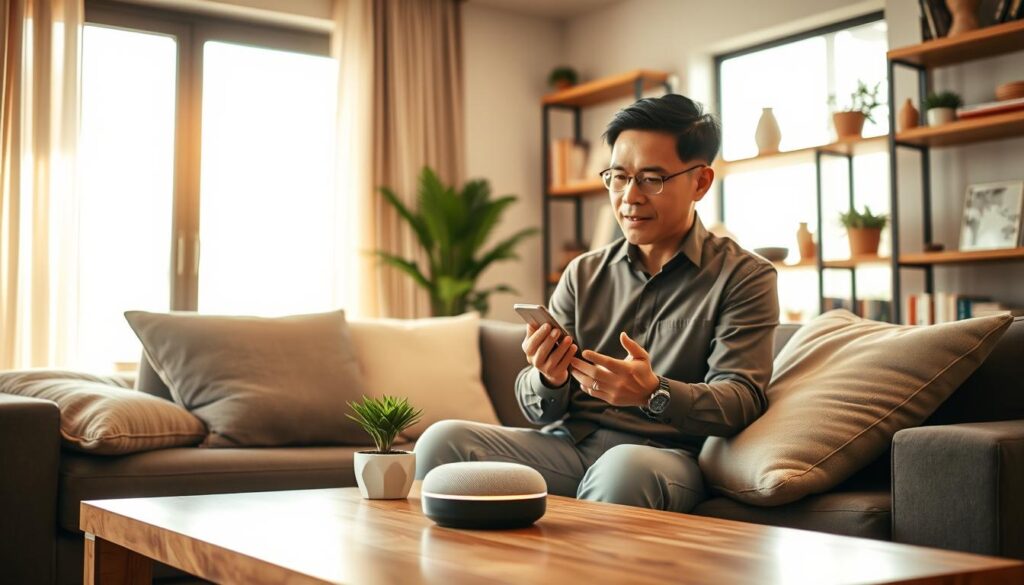 A professional Indonesian user engaging with a smart device in a modern, well-lit living room. The foreground features the user, a middle-aged man in smart casual clothing, actively speaking to a sleek voice assistant device on a wooden coffee table. In the middle ground, there are soft cushions and a potted plant, creating a cozy atmosphere. The background shows a bookshelf with various books and decorative items, bathed in warm natural light from a large window. The scene conveys a sense of ease and connection, illustrating the benefits of voice search technology for everyday tasks. Capturing the essence of modern living and technology integration, the overall mood is inviting and forward-thinking, highlighting the impact of voice search on Indonesian users.