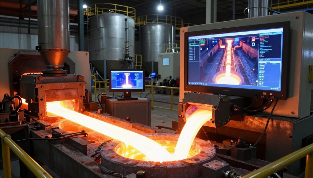 A scene depicting a state-of-the-art aluminium casting plant with a focus on the casting process of plant billets. In the foreground, large, glowing molten aluminium flows into molds, showing intricate details of the shiny liquid. The middle ground features industrial machinery with digital screens displaying real-time data and simulations of the production process, emphasizing the high-tech environment. In the background, large furnaces and storage silos are illuminated by bright overhead lights, creating a vibrant industrial atmosphere. The overall lighting is dynamic, with warm hues from the molten metal contrasting against the cool blue of the machinery screens. Capture the ambiance of innovation and efficiency, showcasing the digital twin technology in action without any human figures.