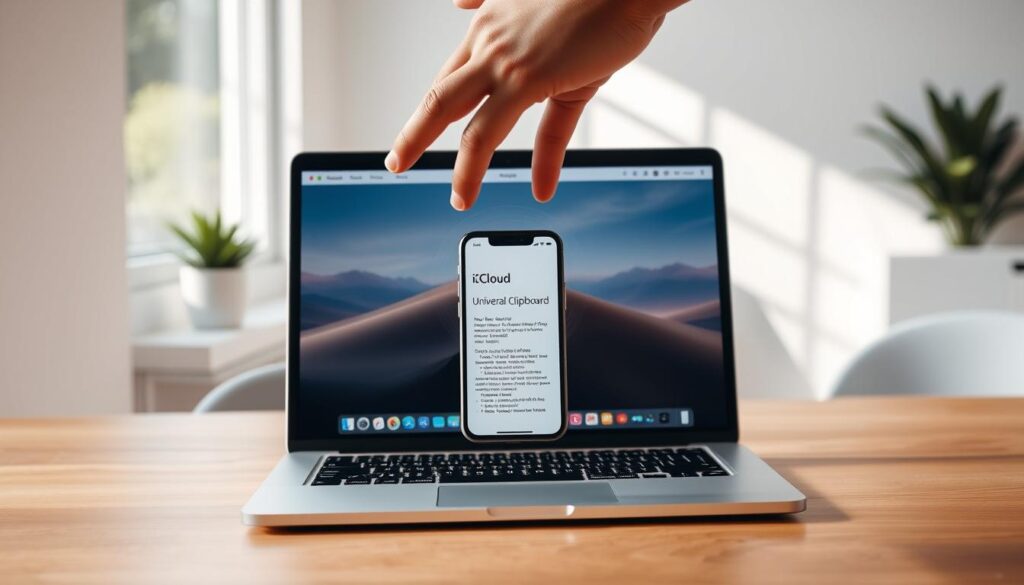 A sleek Apple MacBook sits open on a modern wooden desk, showcasing the iCloud interface on the screen. In the foreground, a hand hovers above the laptop, seamlessly shifting digital content between devices, illustrating the Universal Clipboard concept. The middle layer features an iPhone displaying recently copied text, with a faint glow to indicate connection. Soft, diffused natural light pours in from a nearby window, highlighting the smooth surfaces and metallic finish of the devices. The background reveals a minimalist office space with potted plants, enhancing the inviting atmosphere. The composition should convey a sense of innovation and connectivity, focused on the harmonious interaction between devices.