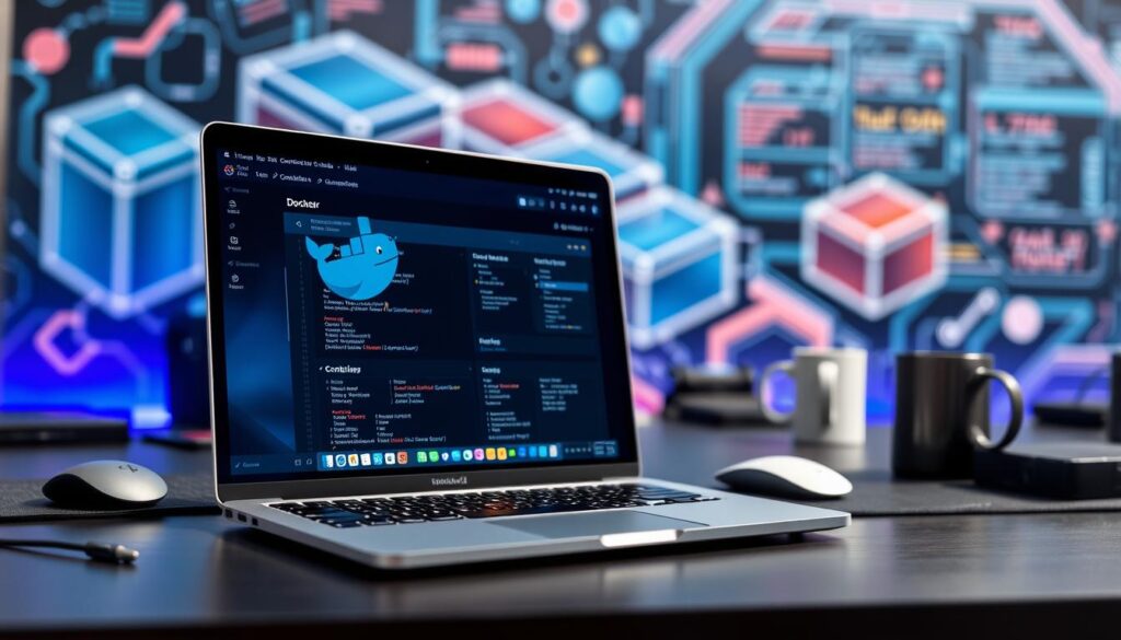 A sleek Apple Silicon M1 MacBook is positioned prominently in the foreground, displaying a vibrant and detailed Docker interface on its screen, reflecting an optimized container environment. The mid-ground features a modern workspace, with a neatly organized desk including technical accessories like a high-quality mouse, external hard drive, and a coffee mug, all conveying a professional atmosphere. In the background, a soft focus showcases a futuristic tech-themed mural depicting abstract containers and code snippets, enhancing the theme of innovation. The lighting is bright and even, with a subtle glow emanating from the laptop screen, creating a sense of focus and productivity. The overall mood is energetic and forward-thinking, inviting the viewer to engage with the topic of container optimization on Apple Silicon.