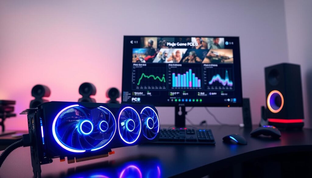 A sleek and modern computer workstation featuring a high-tech GPU with PCIe 5.0 interface. The foreground showcases the graphics card, highlighting its intricate design and cooling system illuminated with soft RGB lighting. The middle ground includes a high-resolution monitor displaying graphical benchmarks of popular games, showcasing a side-by-side performance comparison between PCIe 5.0, 4.0, and 3.0. The background features a softly lit room with a minimalist aesthetic, including tech gadgets and gaming paraphernalia. Use bright, neutral lighting to create an engaging and professional atmosphere. The image should capture the cutting-edge technology and performance differentiation in a visually striking manner without any text or overlays.