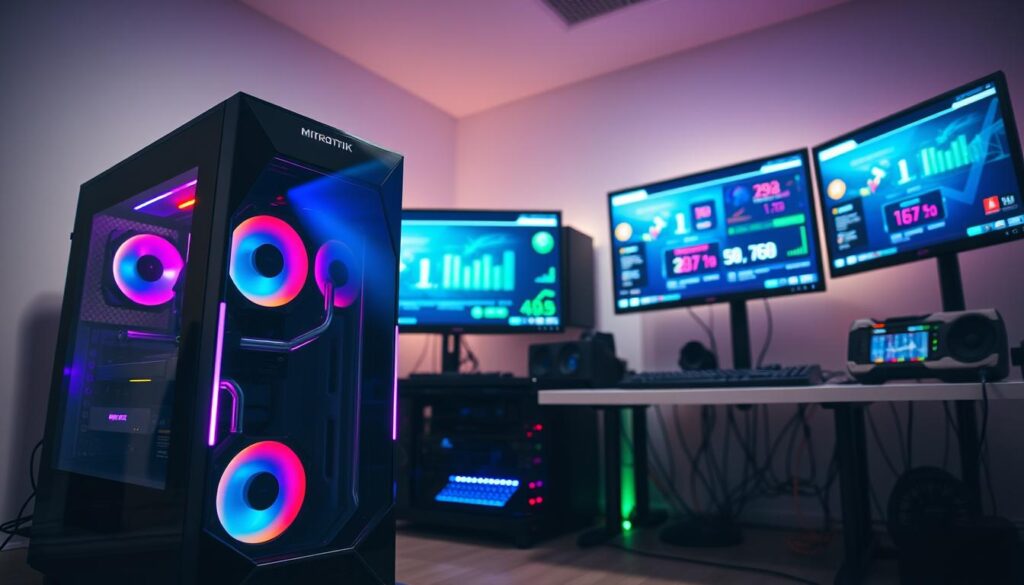 A sleek and modern gaming server setup in a well-lit room, showcasing a Mikrotik hAP ac³ router and a powerful Ryzen 5 5600 processor amidst high-performance gaming equipment. In the foreground, a glowing gaming tower with RGB lights highlights the advanced cooling system and network configurations. The middle layer features multiple screens displaying performance metrics, with vibrant graphics and network speed displays. The background reveals a tidy workspace with cables neatly organized, emphasizing a professional atmosphere. Soft, focused lighting casts a futuristic glow, enhancing the tech ambiance. Use a wide-angle lens perspective to capture the entirety of the setup, conveying innovation and optimization in gaming server performance.