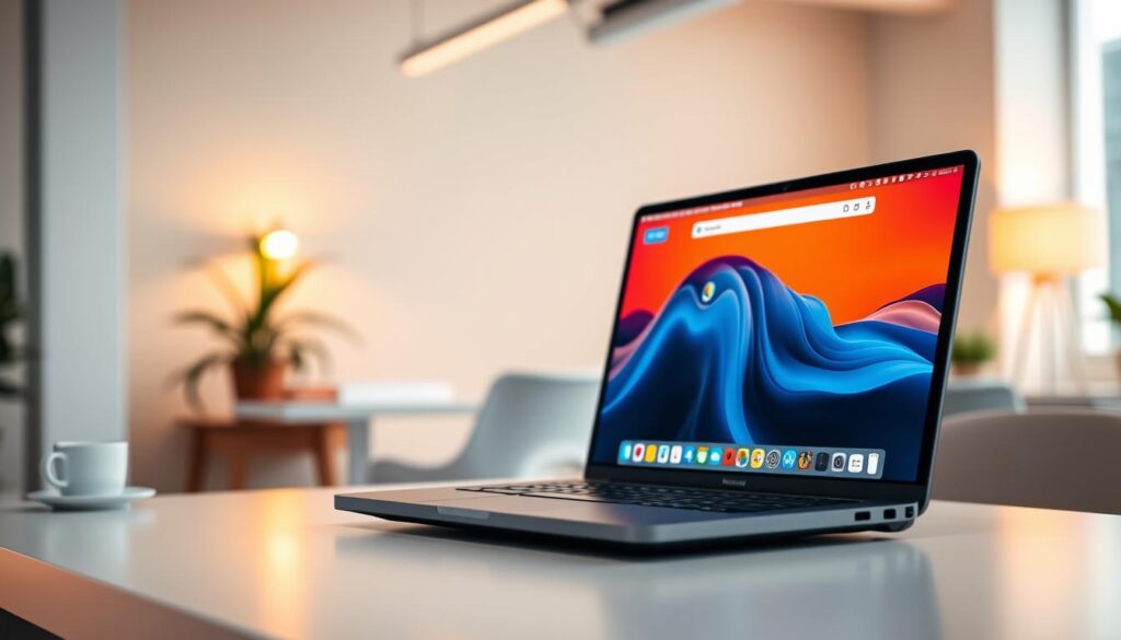 A sleek laptop displaying Docker Desktop interface on an M1 Mac, showcasing its vibrant and modern design with colorful icons and user-friendly features. The foreground features the laptop prominently positioned on a clean white desk with soft reflections. The middle ground displays softly lit surroundings, with hints of a cozy workspace, including a potted plant and a coffee cup. In the background, a generic, blurred office environment adds depth without distraction. Subtle, warm lighting enhances a productive atmosphere, while a slight focus on the screen highlights the Docker interface. The angle captures the laptop from slightly above, emphasizing the software’s functionality. The overall mood is professional and innovative, perfect for a tech-focused setting.