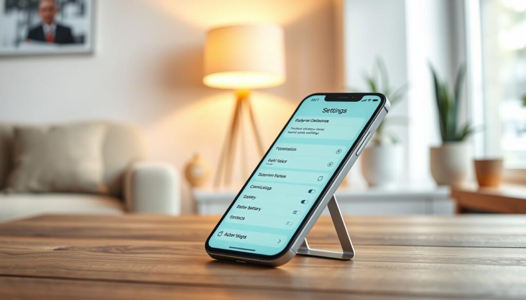 A sleek modern iPhone displayed in the foreground on a wooden table, showcasing its vibrant battery settings screen with an emphasis on optimization features. The middle ground features a comfortable workspace with a soft, glowing lamp casting warm light, bringing focus to the iPhone, while a softly blurred background reveals a minimalist office with potted plants and a light-colored wall. Utilize natural daylight to enhance the inviting atmosphere, creating a sense of calm and professionalism. The image should evoke feelings of efficiency and clarity, encouraging users to engage with their device's battery-saving settings. The iPhone is angled dynamically for interest, and no text or overlays are present in the scene.