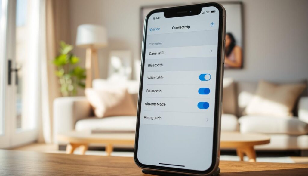 A sleek, modern iPhone interface showcasing connectivity settings, featured prominently in the foreground. The iPhone screen displays the toggle options for Wi-Fi, Bluetooth, and Airplane Mode in a clean, user-friendly layout. Surrounding the device, soft-focus elements of a cozy living room setting highlight a warm, inviting atmosphere. Sunlight streams in through a window, casting gentle shadows to create depth. The background includes subtle hints of home decor, like a potted plant and a minimalist coffee table, enhancing a sense of comfort and productivity. The overall mood conveys a tranquil yet tech-savvy lifestyle, ideal for readers looking to improve their device's battery performance.