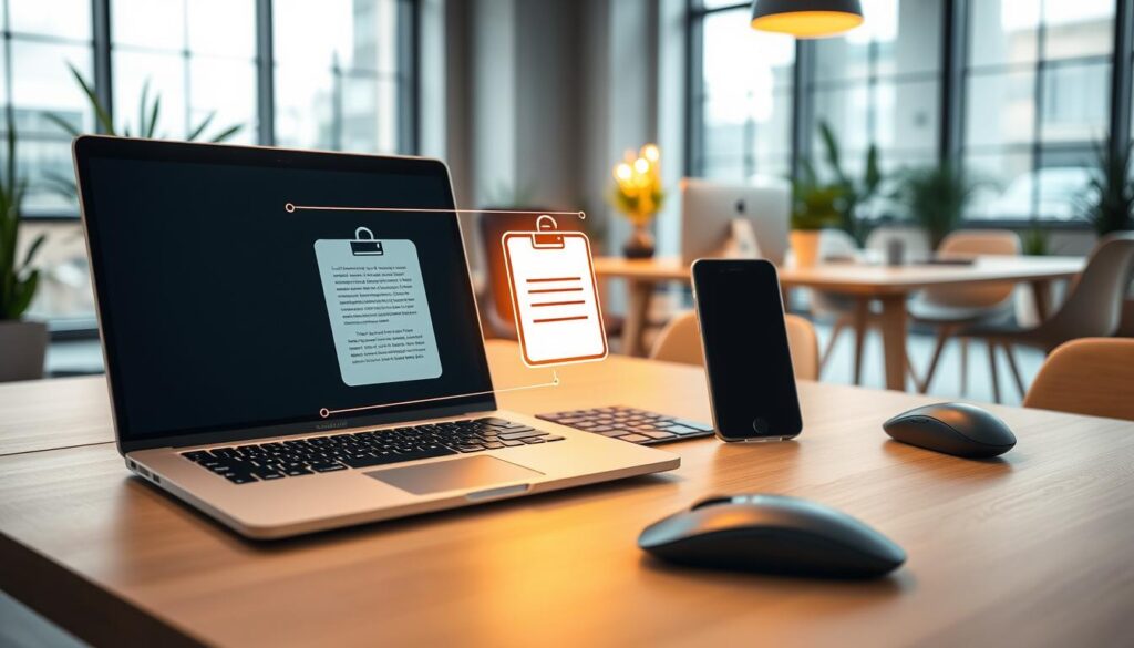A sleek, modern workspace showcasing the concept of "Universal Clipboard". In the foreground, a close-up of a stylish laptop and a smartphone displaying a seamless copy-paste action, with an illuminated digital clipboard graphic hovering between them. The middle layer features a contemporary desktop with a minimalist design, including a wireless keyboard and an ergonomic mouse, emphasizing technology integration. The background presents a softly illuminated office environment with large windows, letting in natural light. A hint of greenery from potted plants adds a refreshing touch. The overall atmosphere is professional and innovative, reflecting efficiency and connectivity, with warm lighting to enhance a sense of productivity.