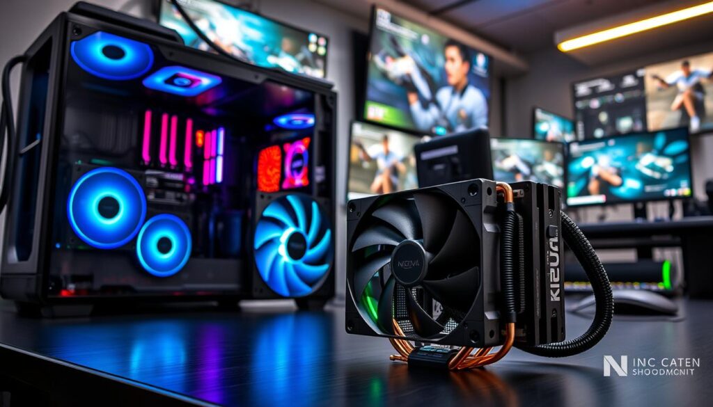 A spacious, modern gaming setup featuring a sleek, high-performance Noctua NH-D15 air cooler prominently displayed on a well-organized desk. In the foreground, the cooler is detailed with its copper heat pipes and dual fans, capturing the precision and engineering excellence. The middle ground features a high-end gaming PC case with tempered glass panels, showcasing vibrant RGB lighting elements reflecting a cool blue and green palette. In the background, a dynamic gaming environment is visible, with multiple screens displaying action-packed gameplay and productivity software, creating a bustling atmosphere. The lighting is bright yet soft, with a focus on the cooler, while the overall mood feels energetic and tech-savvy, ideal for gaming, productivity, and streaming enthusiasts.