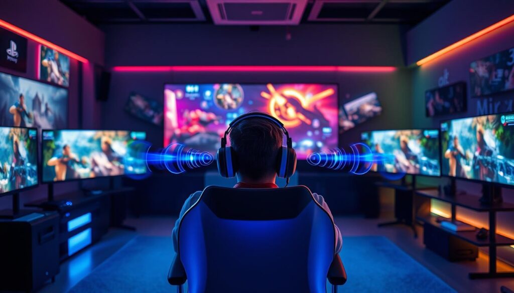 A vibrant gaming setup featuring a sleek PS5 console at the center, illuminated by dynamic LED lights, exuding a sense of modern technology. In the foreground, a gamer sits in an ergonomic chair, immersed in the experience, wearing headphones that capture the essence of Dolby Atmos sound. Multiple screens surround the gamer, displaying vivid game graphics, while sound waves visually emanate from the console, illustrating the impact of 3D audio on gaming. The middle ground showcases immersive game elements, such as 3D environments and characters that appear to leap out from the screen. In the background, soft ambient lighting enhances the high-tech atmosphere, with hints of neon colors creating a futuristic vibe, while the overall mood reflects excitement and immersion in the gaming experience.