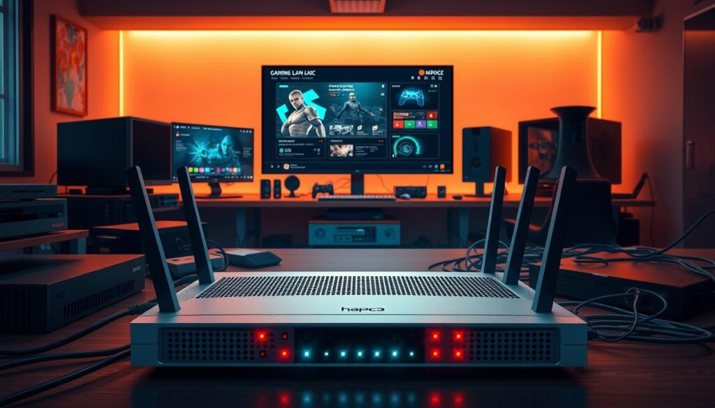 A visually engaging illustration of a "Mikrotik hAP ac³" network configuration setup in a modern office environment. In the foreground, prominently display the Mikrotik hAP ac³ router with blinking LEDs, surrounded by an array of connected devices like gaming consoles, computers, and a large monitor showcasing a gaming LAN interface. In the middle ground, depict a sleek desk with a Ryzen 5 5600 mini PC, wires neatly organized, creating a sense of order and professionalism. In the background, soft ambient lighting casts a warm glow, enhancing the focus on the tech setup. The atmosphere is energetic yet professional, reflecting a cutting-edge gaming network ready for 32 players. Use a sharp angle to emphasize depth, ensuring the composition is clear and striking, showcasing the high-tech environment.