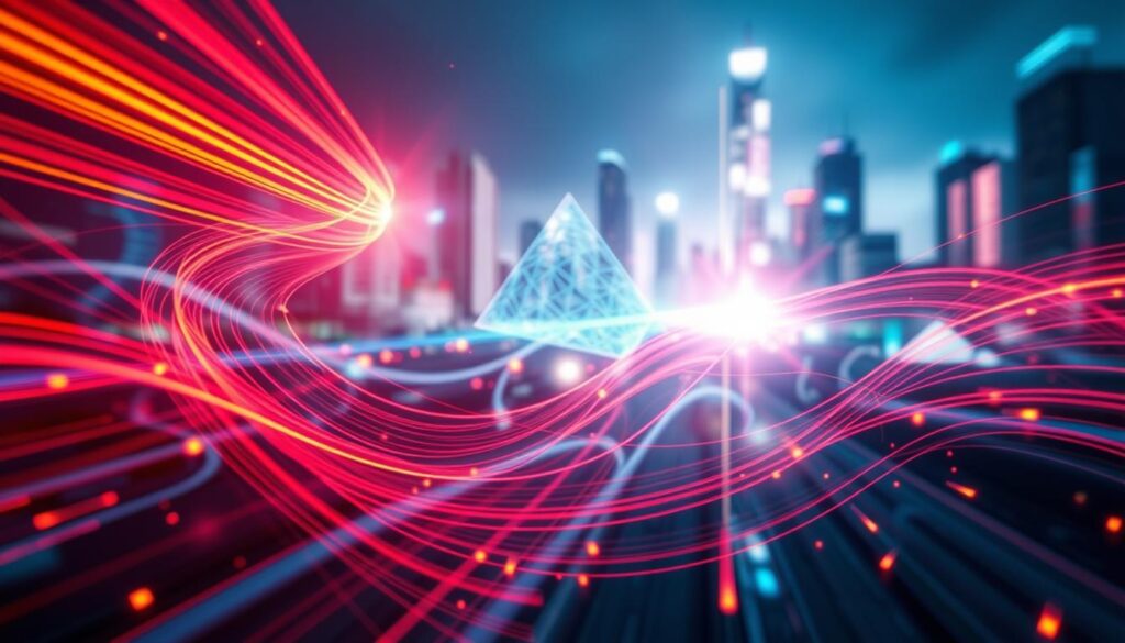 Create an image illustrating the concept of optical flow as it relates to digital graphics technology. In the foreground, depict a stylized visual representation of optical flow vectors, with vibrant lines and arrows swirling, demonstrating motion and direction. In the middle ground, envision abstract shapes of geometric patterns merging into each other, symbolizing the transformation of frames in real-time rendering. The background should feature a softly blurred digital landscape evoking a futuristic city or a high-tech environment. Utilize dynamic lighting that creates a sense of depth, with glowing accents highlighting the flow vectors. The overall mood should feel energetic and innovative, reflecting advanced technology and motion. Create an image illustrating the concept of optical flow as it relates to digital graphics technology. In the foreground, depict a stylized visual representation of optical flow vectors, with vibrant lines and arrows swirling, demonstrating motion and direction. In the middle ground, envision abstract shapes of geometric patterns merging into each other, symbolizing the transformation of frames in real-time rendering. The background should feature a softly blurred digital landscape evoking a futuristic city or a high-tech environment. Utilize dynamic lighting that creates a sense of depth, with glowing accents highlighting the flow vectors. The overall mood should feel energetic and innovative, reflecting advanced technology and motion.